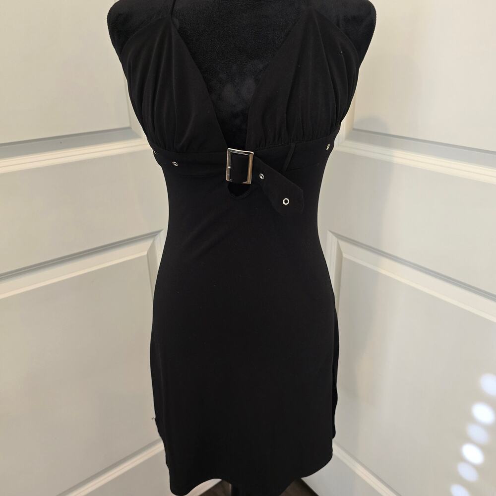 Women's LBD with Buckle Empire Waist Plunging Neck Halter Strap Dress Size M
